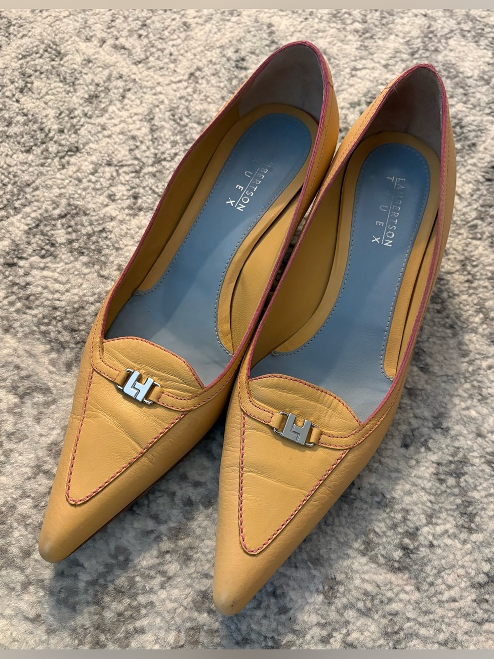 Lambertson Truex Mustard Yellow Leather Pointed Toe Kitten Heels 39